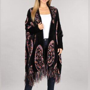 NWT multicolor Fuzzy black cardigan sweater bohemian fringe
